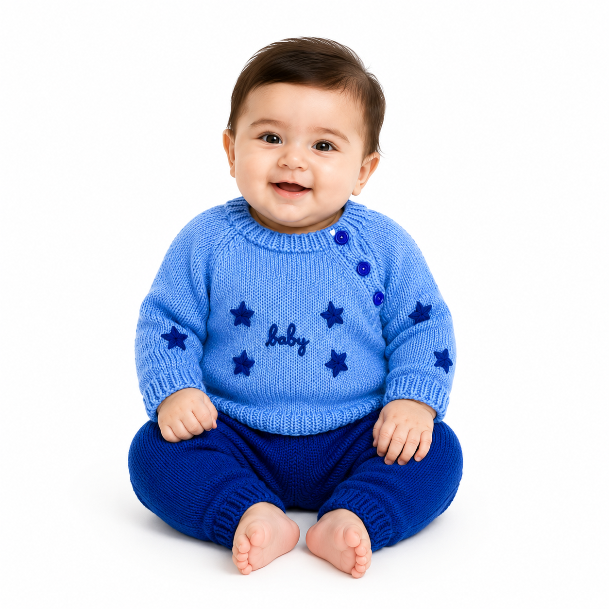 Hand Knitted Baby Wool Set | Blue Star Sweater & Knit Pants
