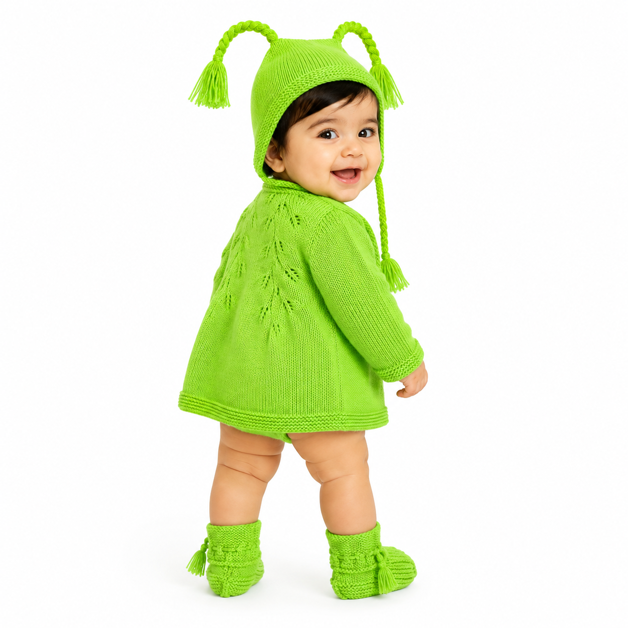Hand Knitted Baby Wool 3-Piece Set | Green Cardigan, Cap & Booties
