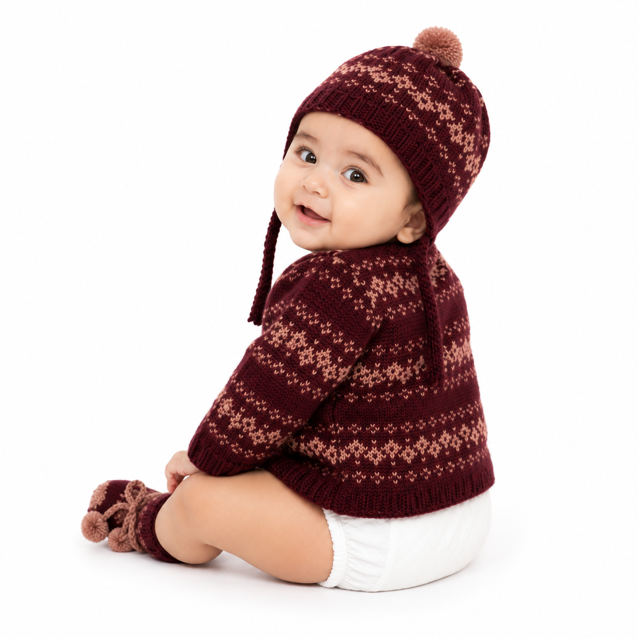Hand Knitted Baby Wool 3-Piece Set | Maroon Fair Isle Cardigan Set