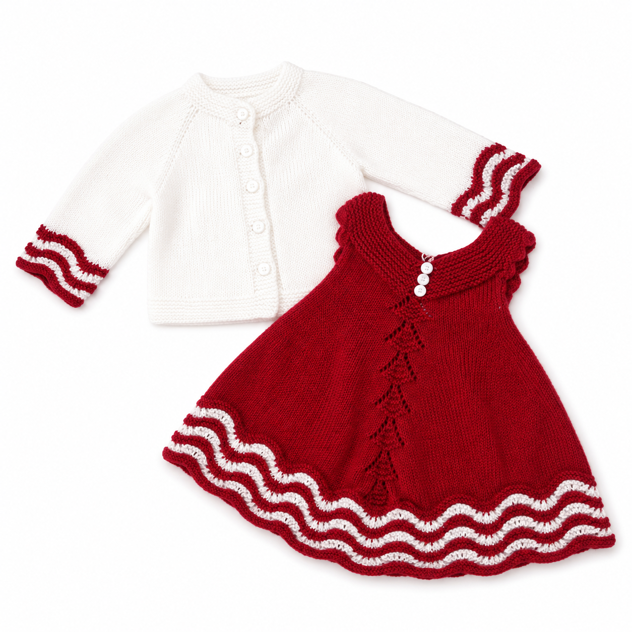 Hand Knitted Baby Wool Dress Set | Red Frock & White Cardigan
