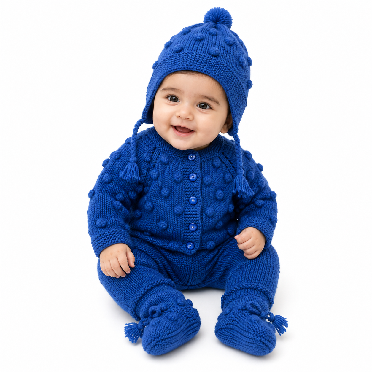 Hand Knitted Baby Wool 4-Piece Set | Royal Blue Popcorn Knit Set