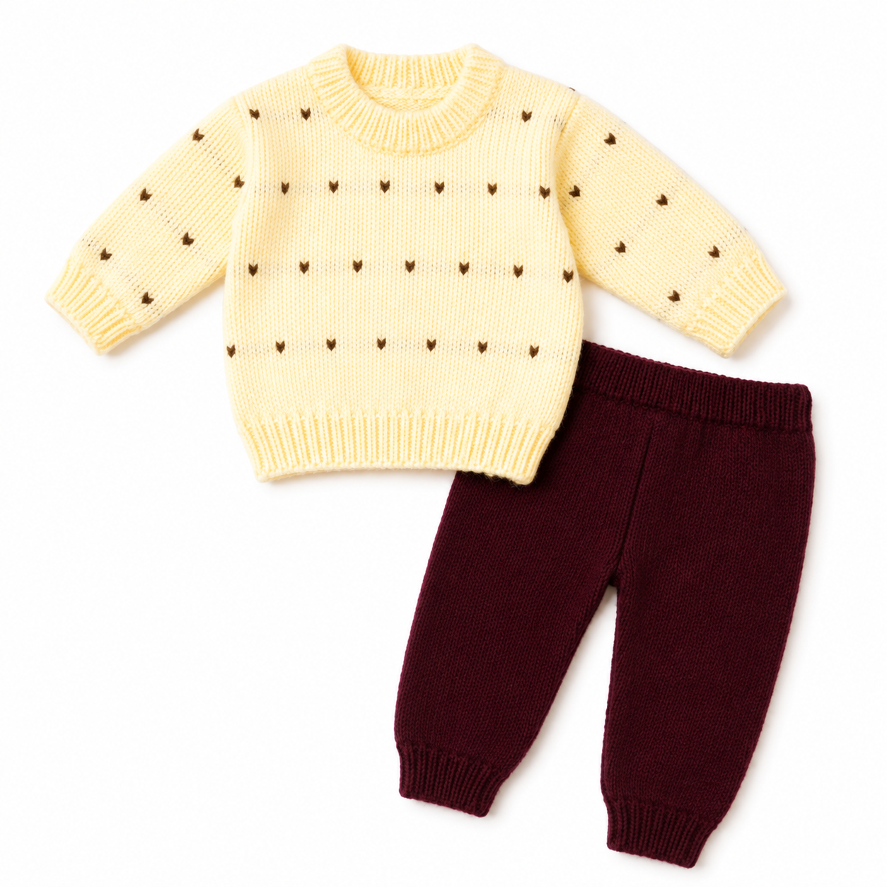 Hand Knitted Baby Wool Set | Yellow Sweater & Maroon Knit Pants