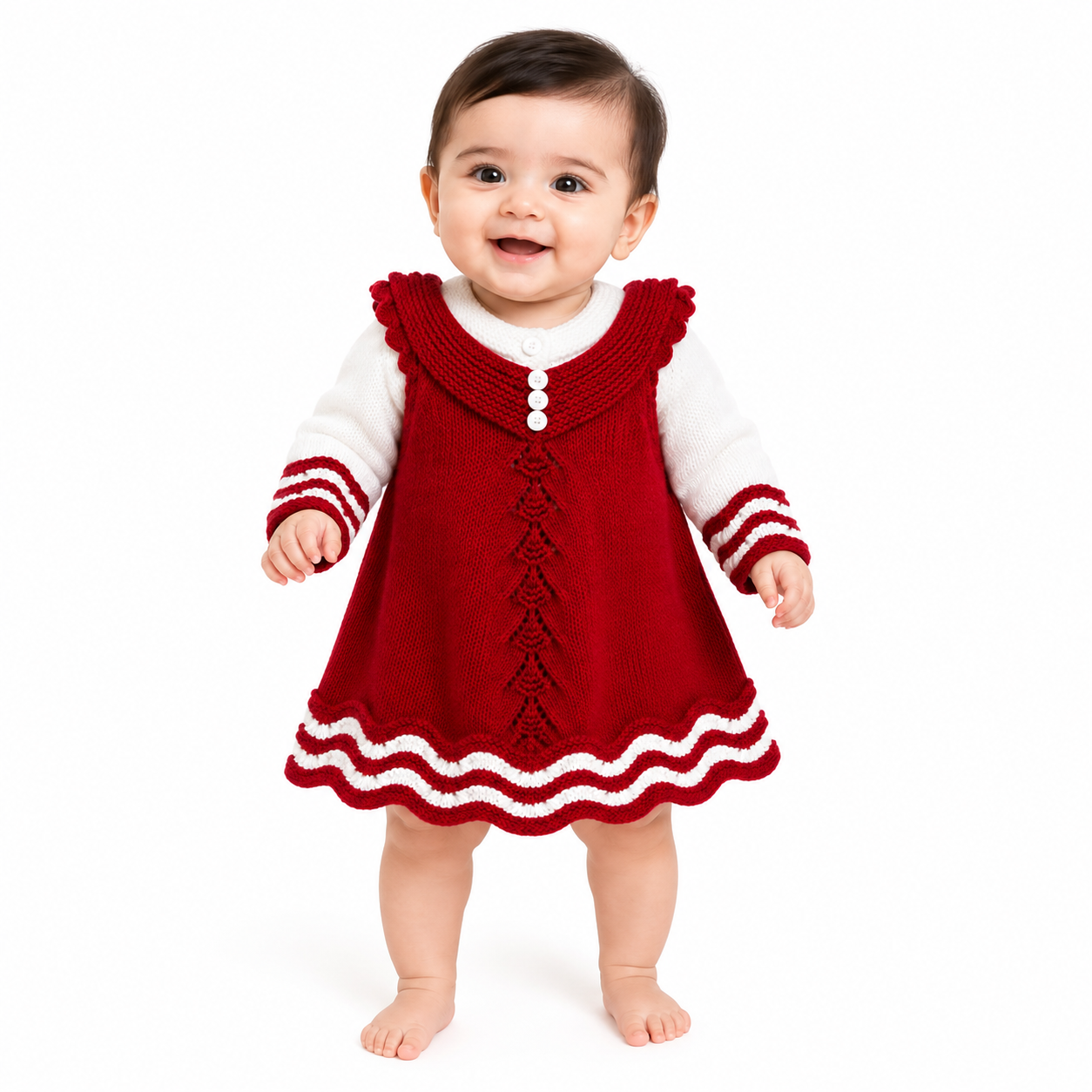 Hand Knitted Baby Wool Dress Set | Red Frock & White Cardigan