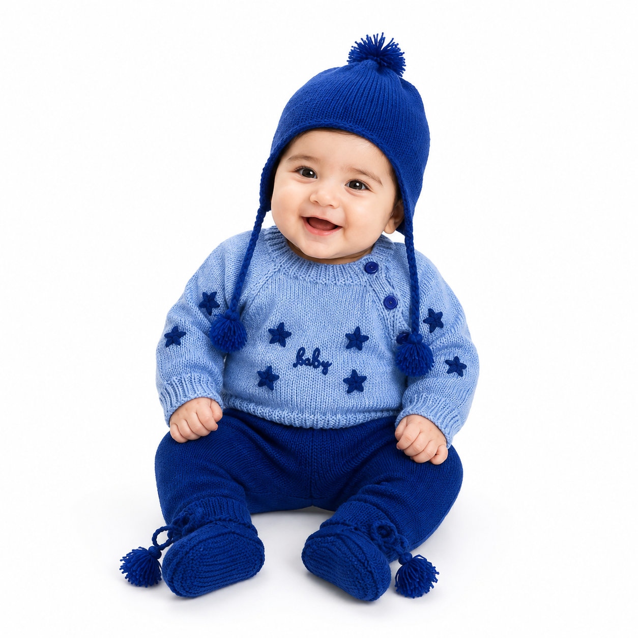Hand Knitted Baby Wool 4-Piece Set | Blue Star Sweater, Lower, Cap & Booties