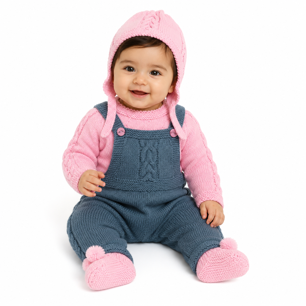 Hand Knitted Baby Wool 4-Piece Set | Pink & Steel Blue Dungaree