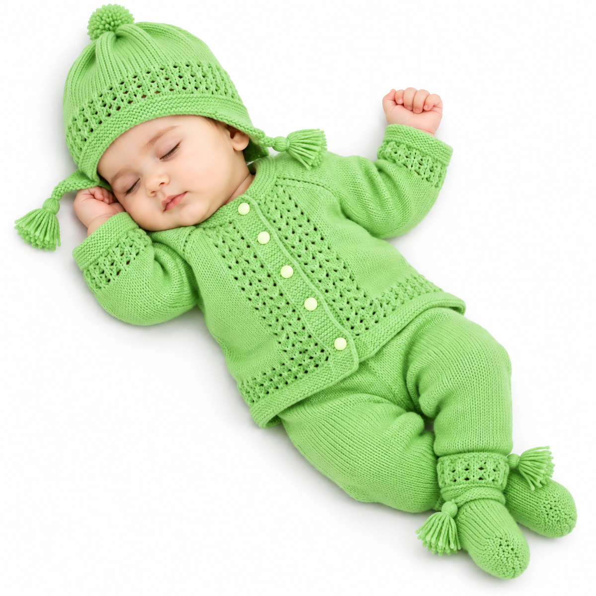 Hand Knitted Baby Wool 4-Piece Set | Green Cardigan, Cap, Pajama & Booties