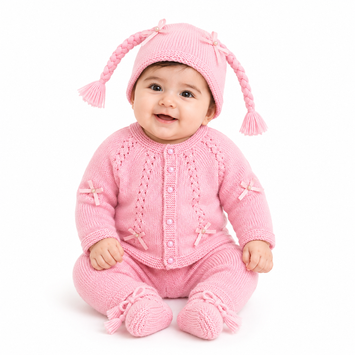 Hand Knitted Baby Wool 4-Piece Set | Pink Cardigan, Lower, Cap & Booties