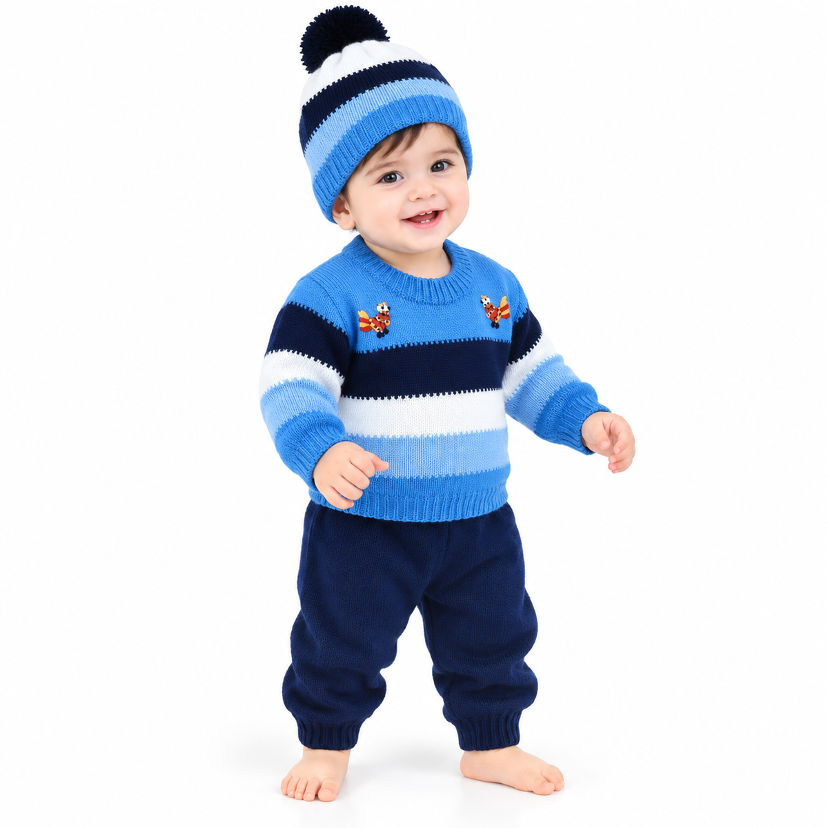 Hand Knitted Baby Wool 3-Piece Set | Striped Sweater, Cap & Pants