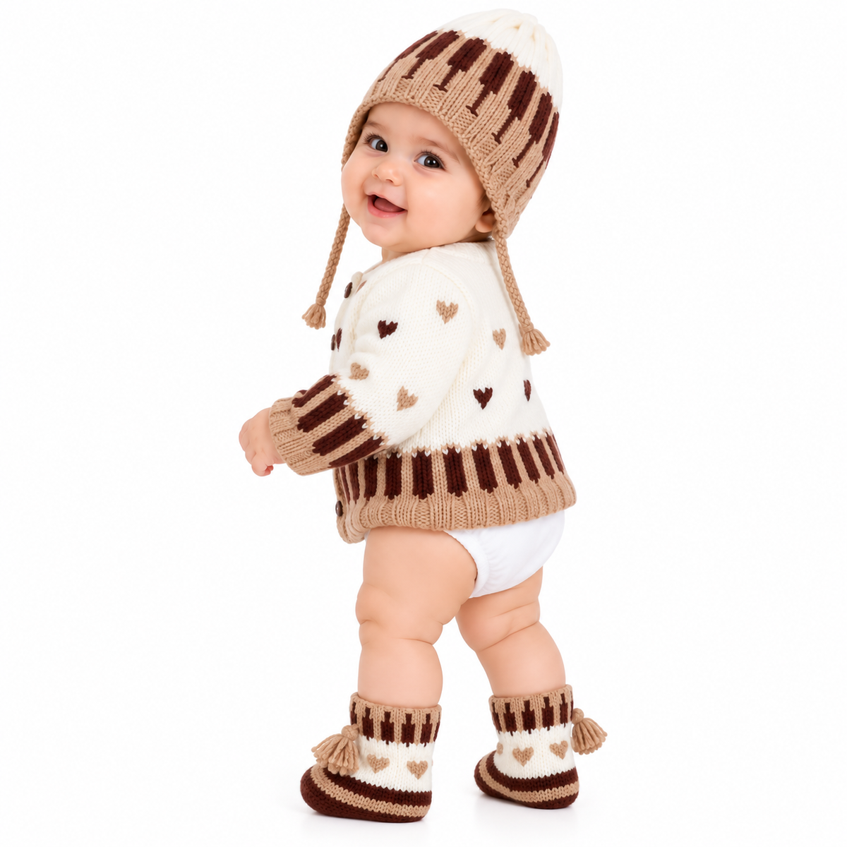 Hand Knitted Baby Wool 3-Piece Set | Cream & Brown Cardigan Set