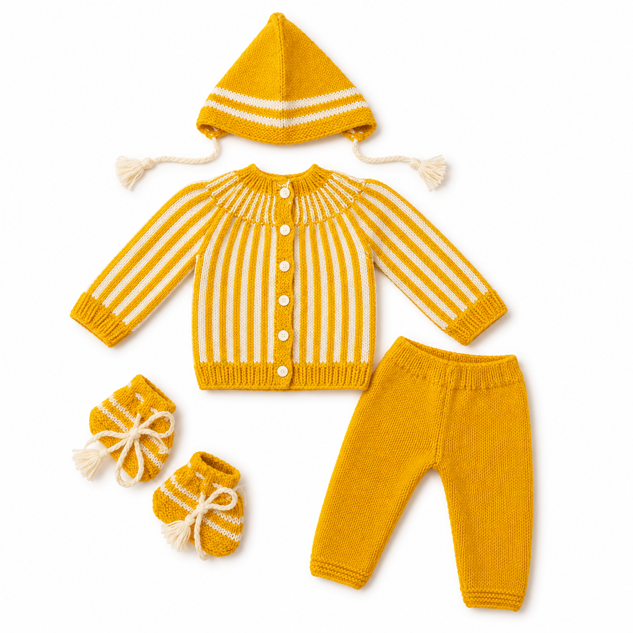 Hand Knitted Baby Wool 4-Piece Set | Mustard Striped Cardigan Set