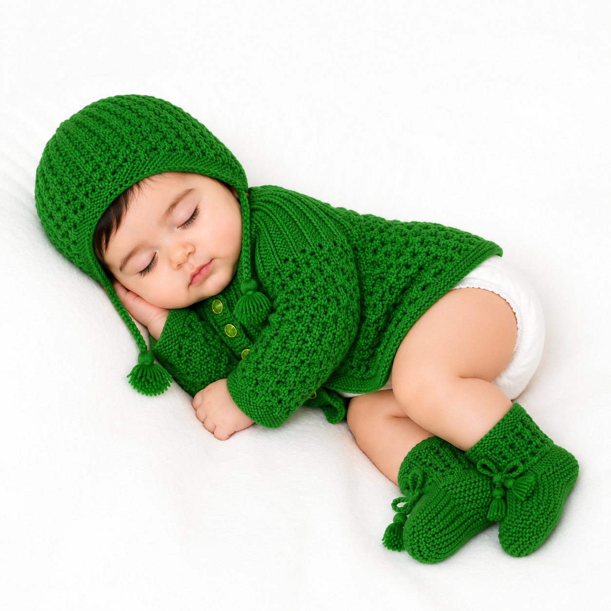 Handknitted Baby Sweater Set | Soft Wool Cardigan with Matching Cap & Booties | Green | 0-6 Months