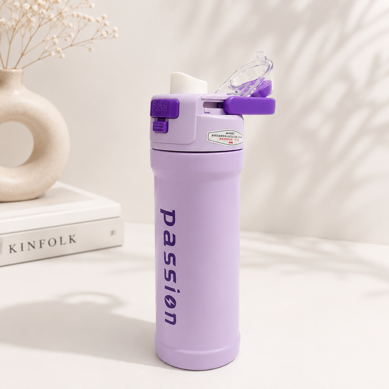 Passion Stainless Steel Water Bottle | Lavender Purple Insulated Bottle with Straw and Carry Handle | School Office Travel