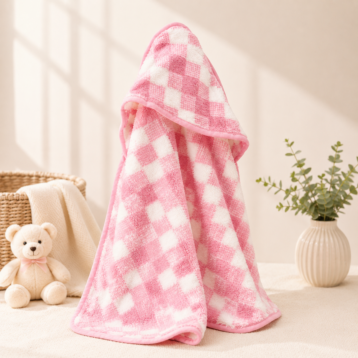 Soft Hooded Baby Bath Towel | Checkered Print | Newborns and Infants