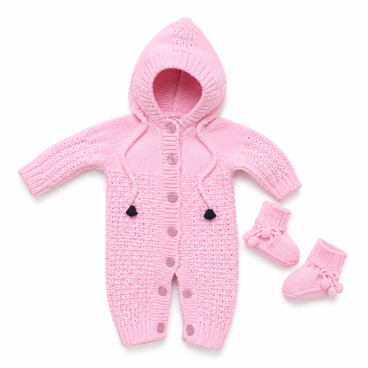 Hand Knitted Baby Wool Hoodie Romper Set | Pink with Booties