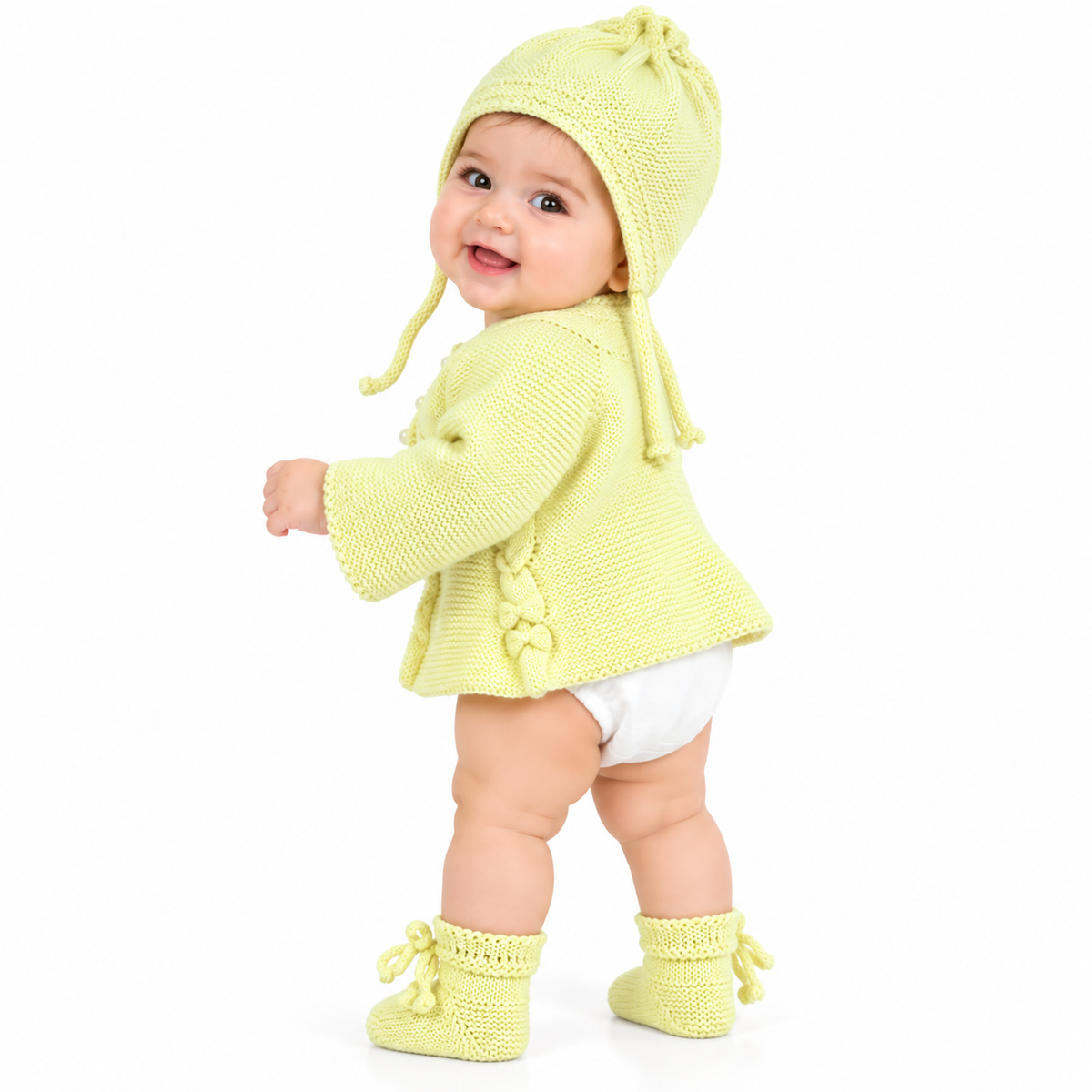 Hand Knitted Baby Wool 3-Piece Set | Cream Flared Cardigan Set