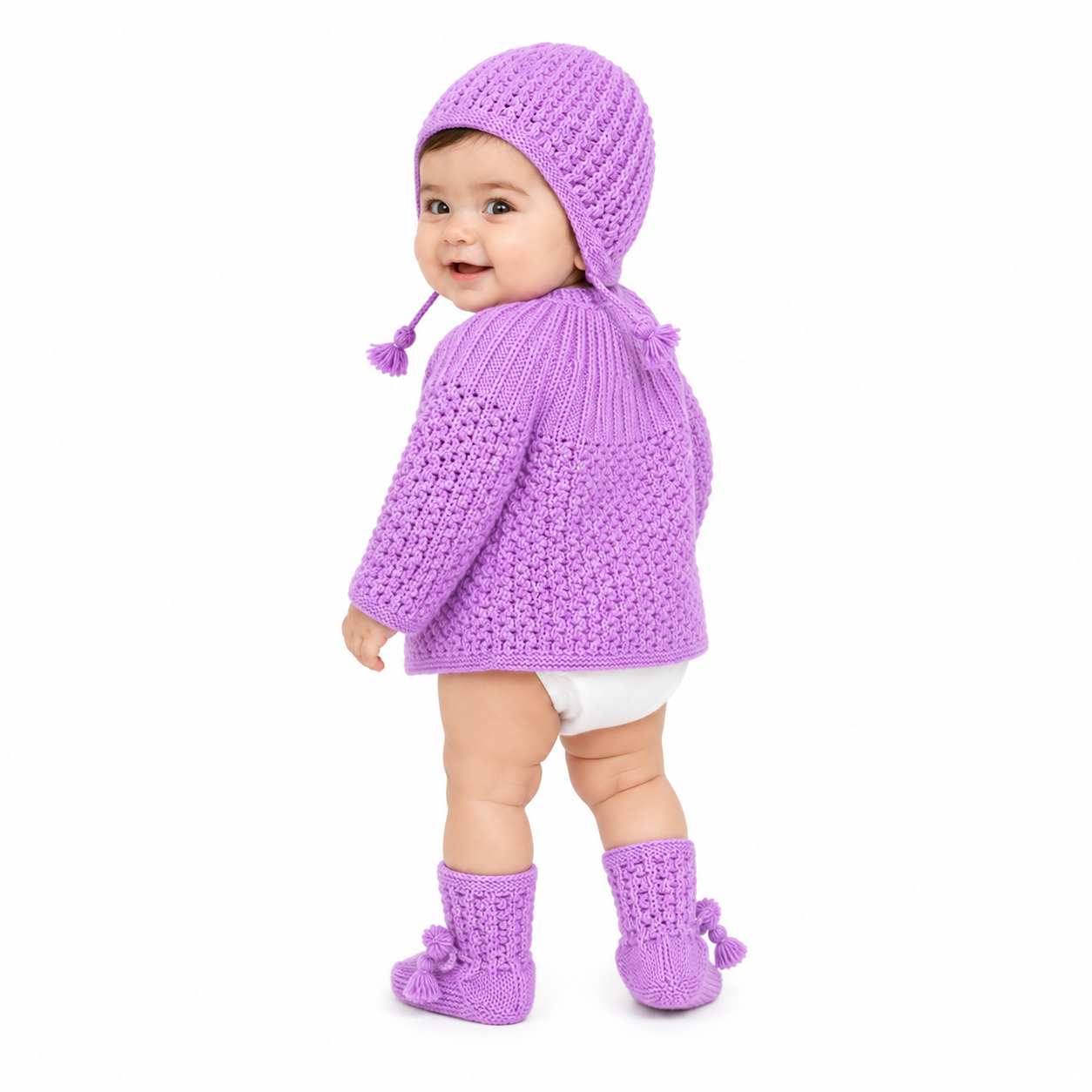 Handknitted Baby Girl Sweater Set | Soft Wool Cardigan with Matching Cap & Booties | Purple | 6-12 Months