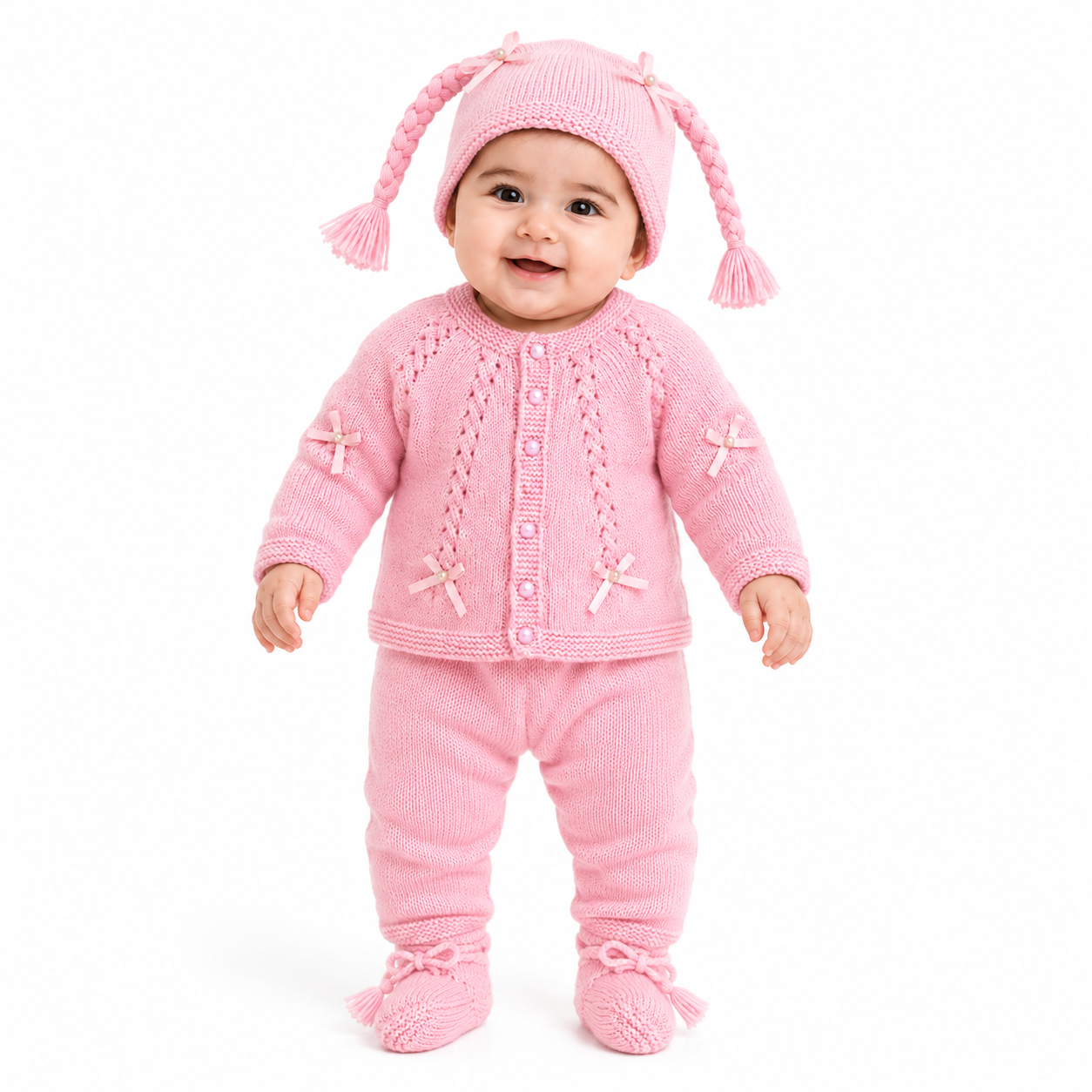 Hand Knitted Baby Wool 4-Piece Set | Pink Cardigan, Lower, Cap & Booties