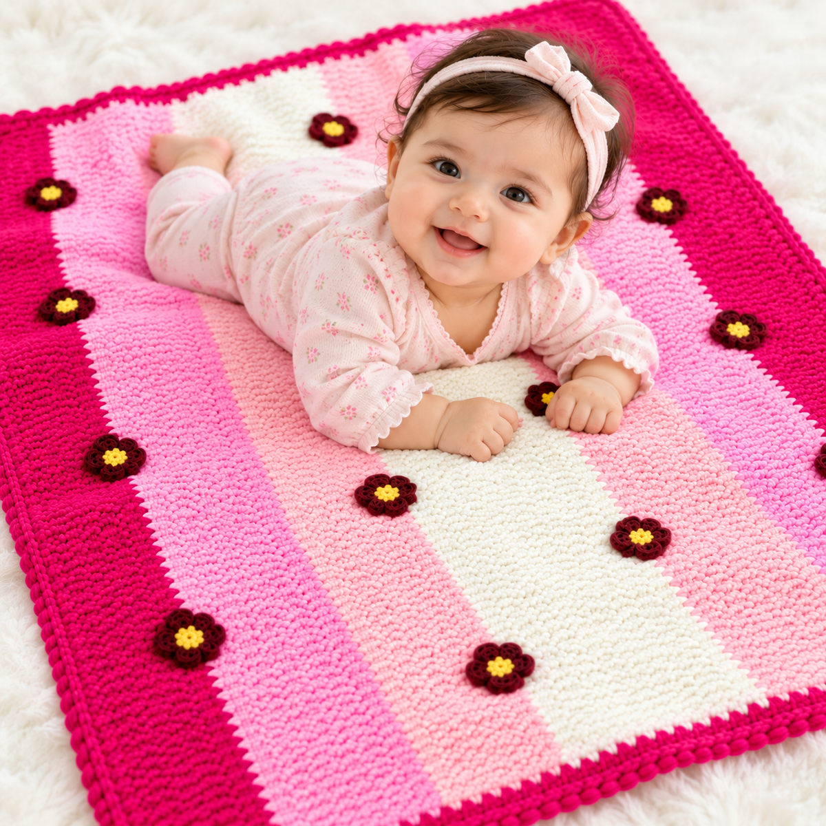 Baby Wool Blanket Hand Knitted | Pink Stripes with Crochet Flowers | Warm Winter Blanket | 42x37 Inches