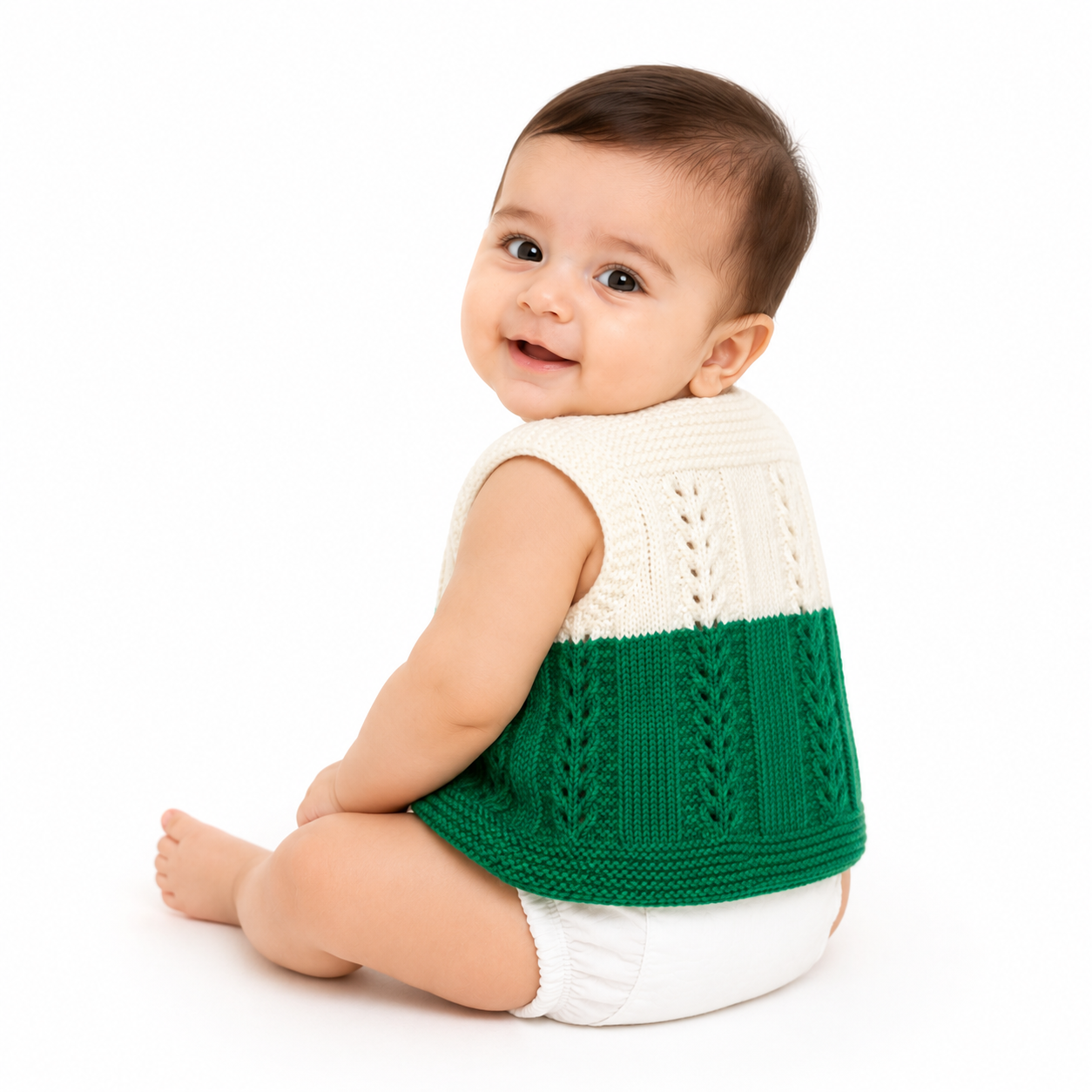 Hand Knitted Baby Wool Vest | Cream & Green Colour Block Knit