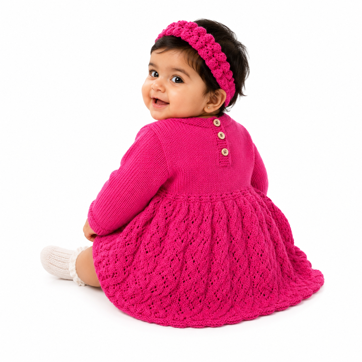 Handknitted Baby Girl Frock with Headband