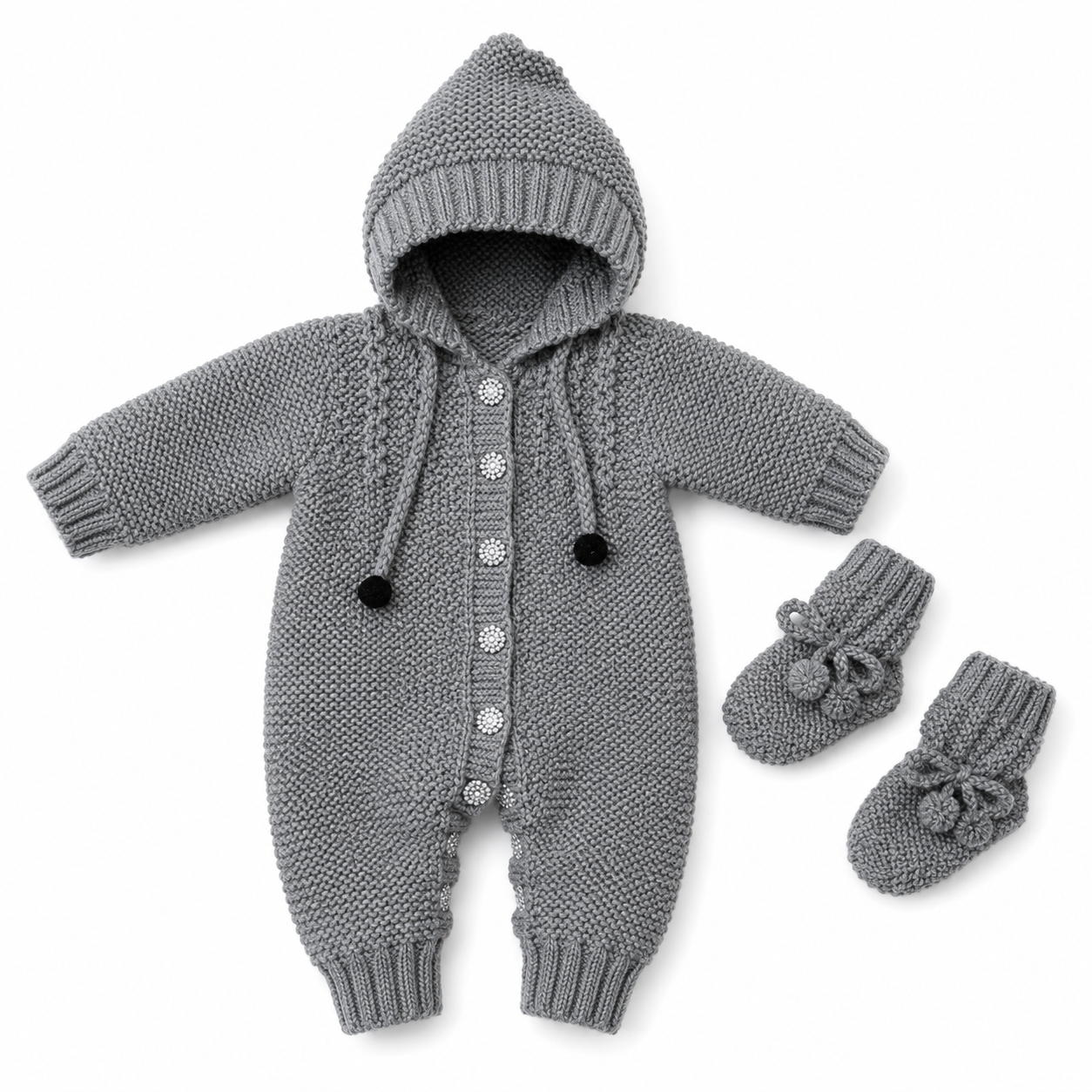 Hand Knitted Baby Wool Hoodie Romper Set | Grey with Booties