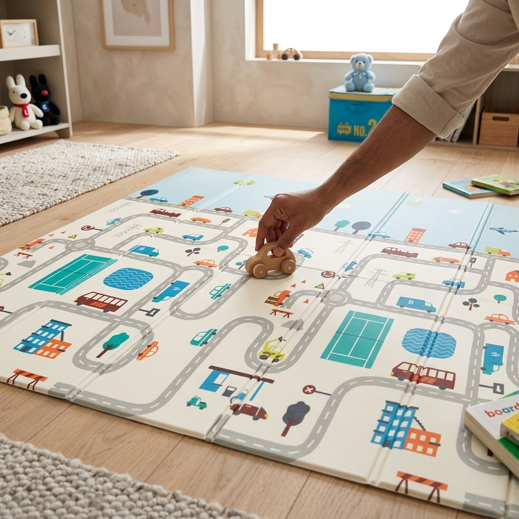 Foldable Baby Play Mat | City Road Print | Large Floor Mat for Kids