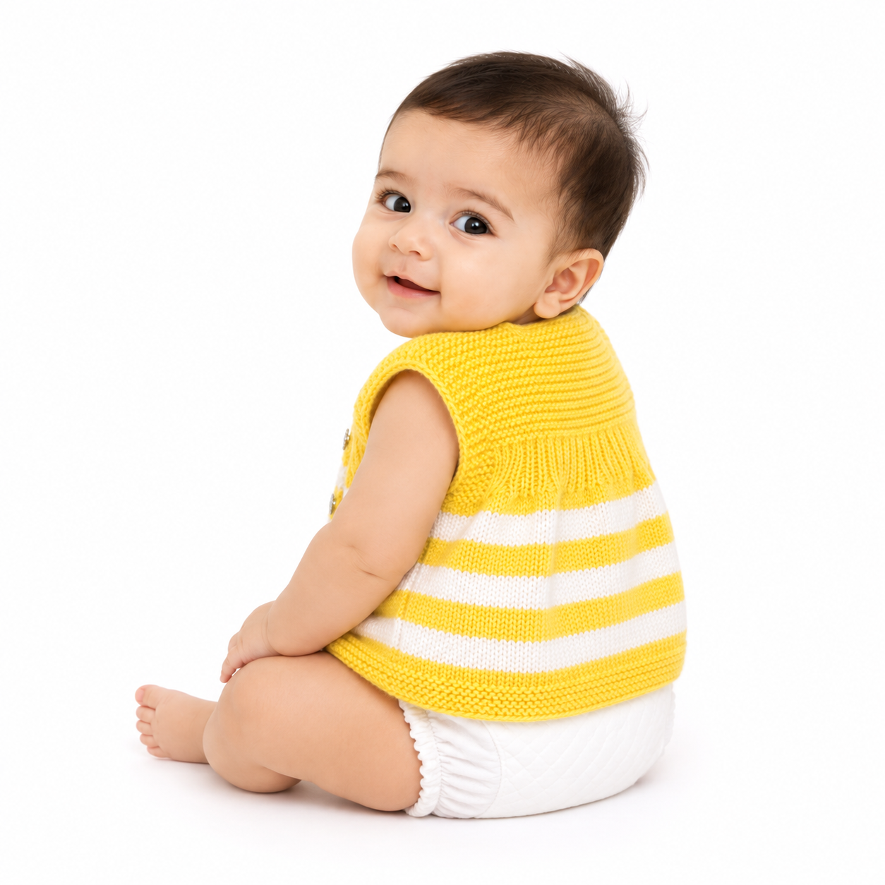 Hand Knitted Baby Wool Vest | Yellow & White Striped