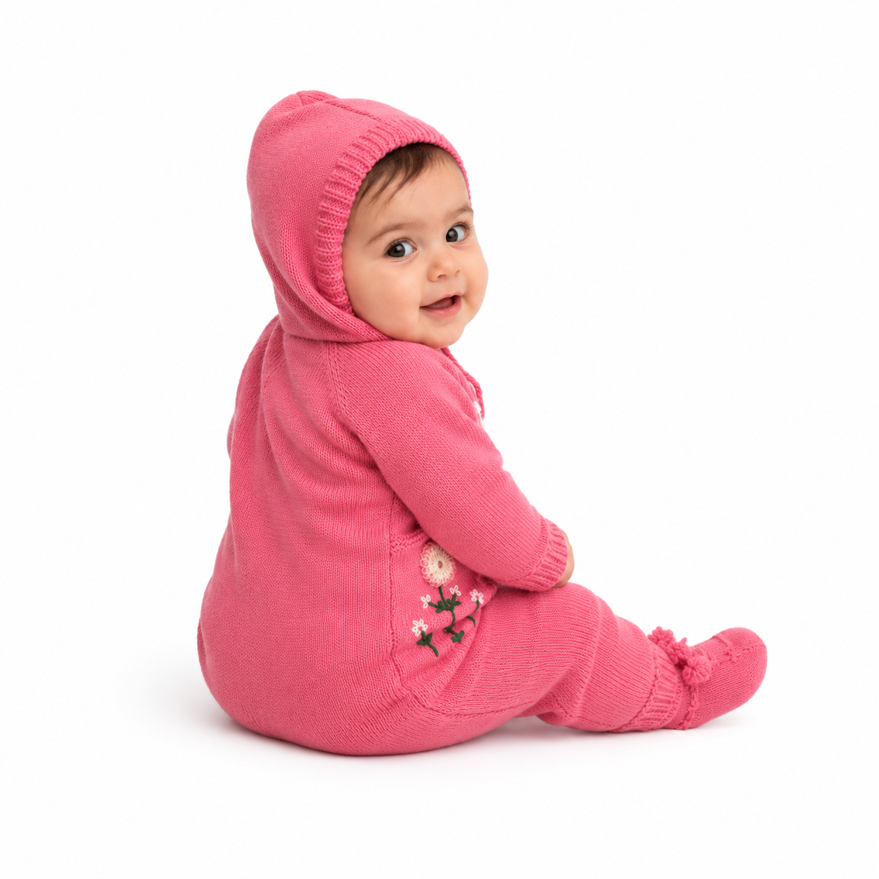 Hand Knitted Baby Wool Romper | Hot Pink Floral Hoodie & Booties