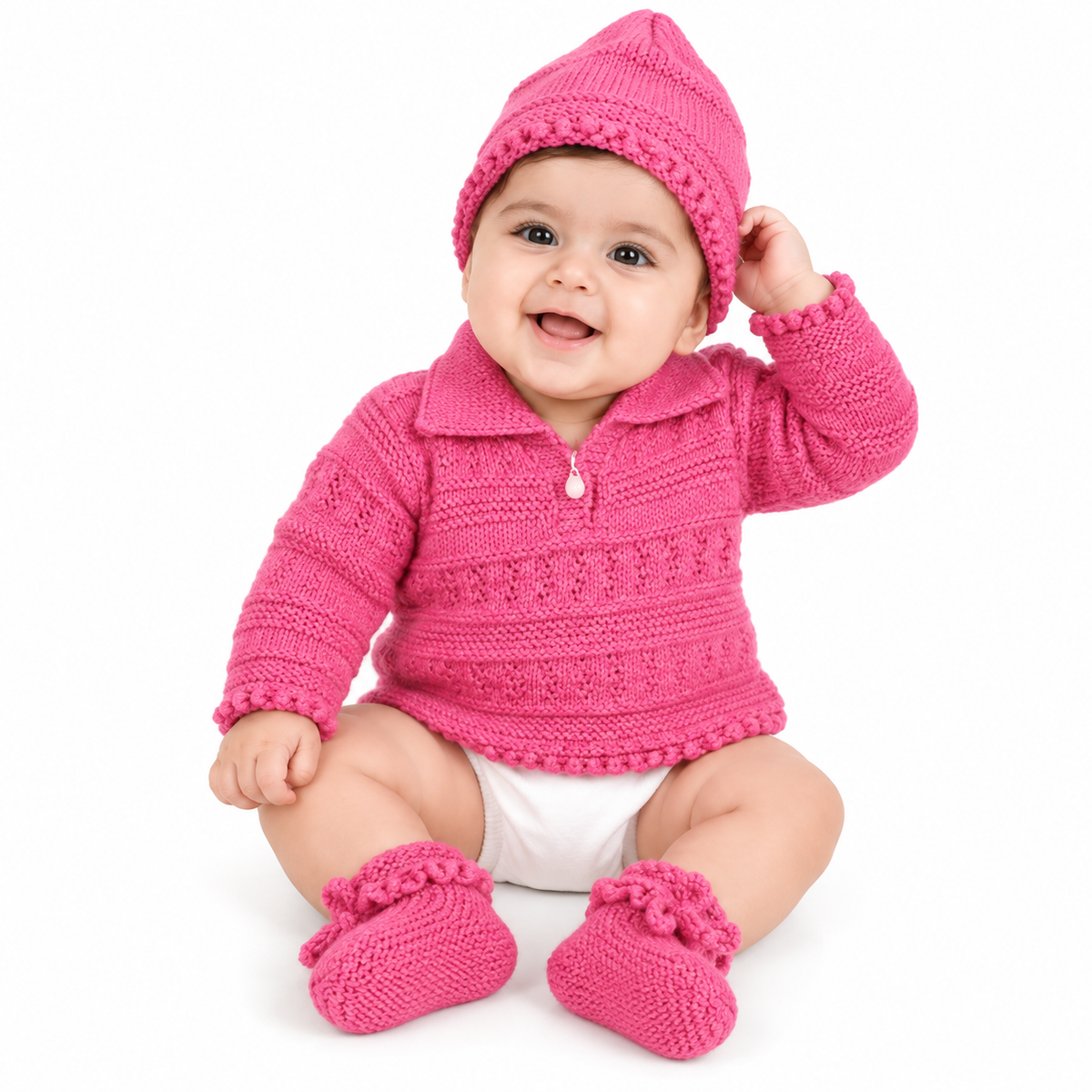 Hand Knitted Baby Wool 3-Piece Set | Pink Collar Sweater, Cap & Booties