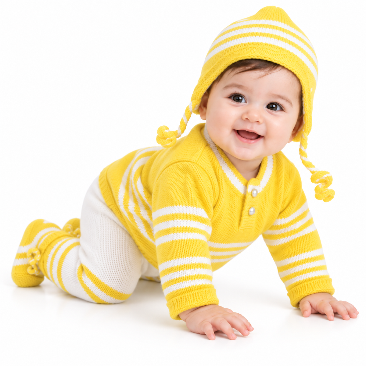 Hand Knitted Baby Wool 4-Piece Set | Yellow Striped Sweater & Pants