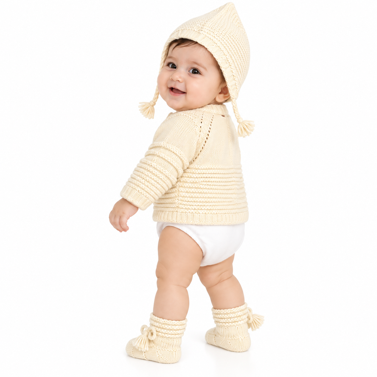 Hand Knitted Baby Wool Cap Cardigan Set with Booties