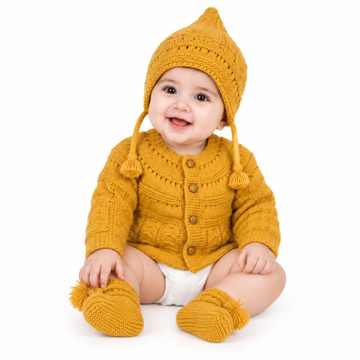 Hand Knitted Baby Wool 3-Piece Set | Mustard Cardigan, Cap & Booties