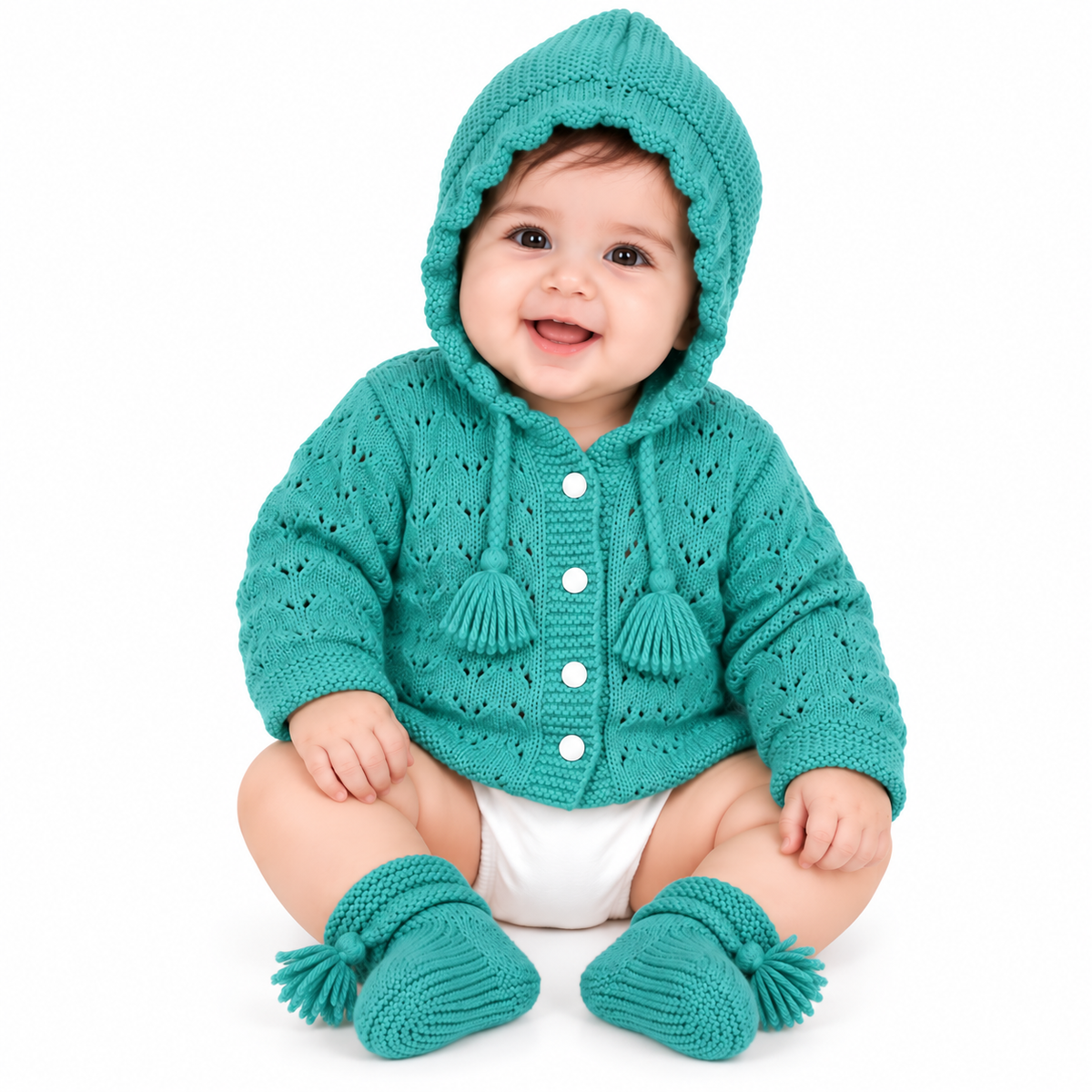 Hand Knitted Baby Wool Hooded Cardigan Set | Teal with Booties
