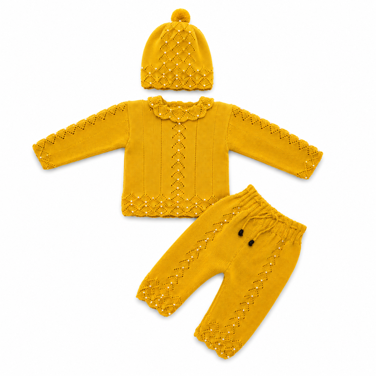 Hand Knitted Baby Wool 3-Piece Set | Mustard Pearl Lace & Pom Hat