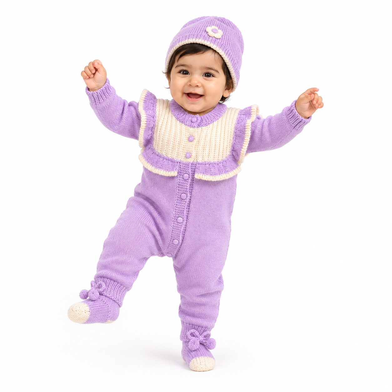 Hand Knitted Baby Wool Romper Set | Lavender with Booties & Cap