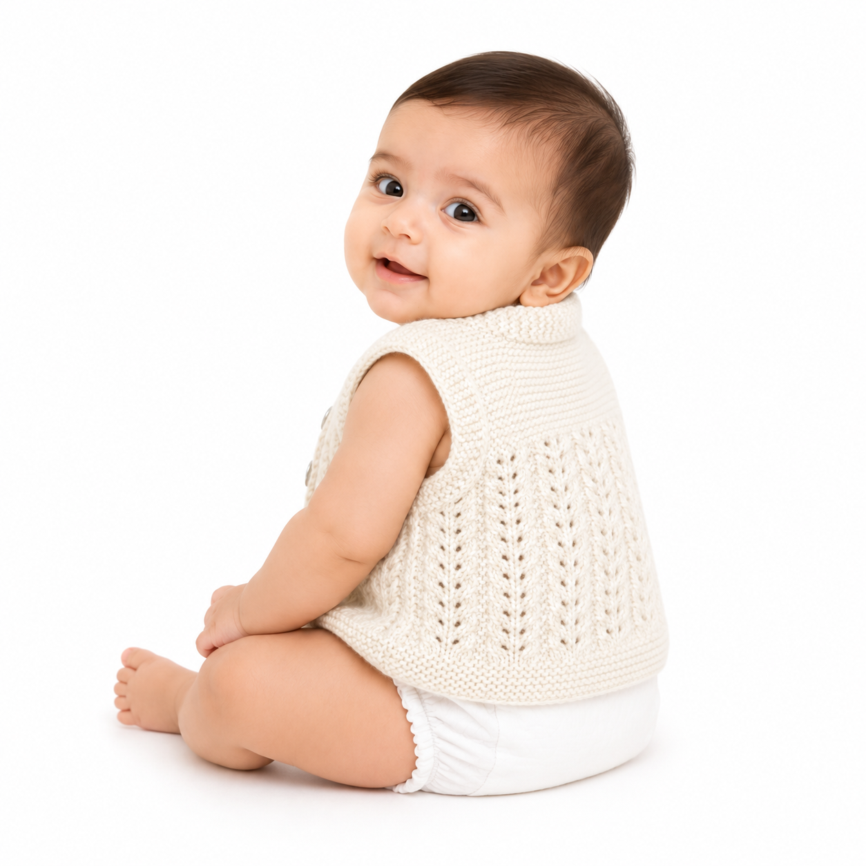 Hand Knitted Baby Wool Vest | Cream V-Neck Lace Knit