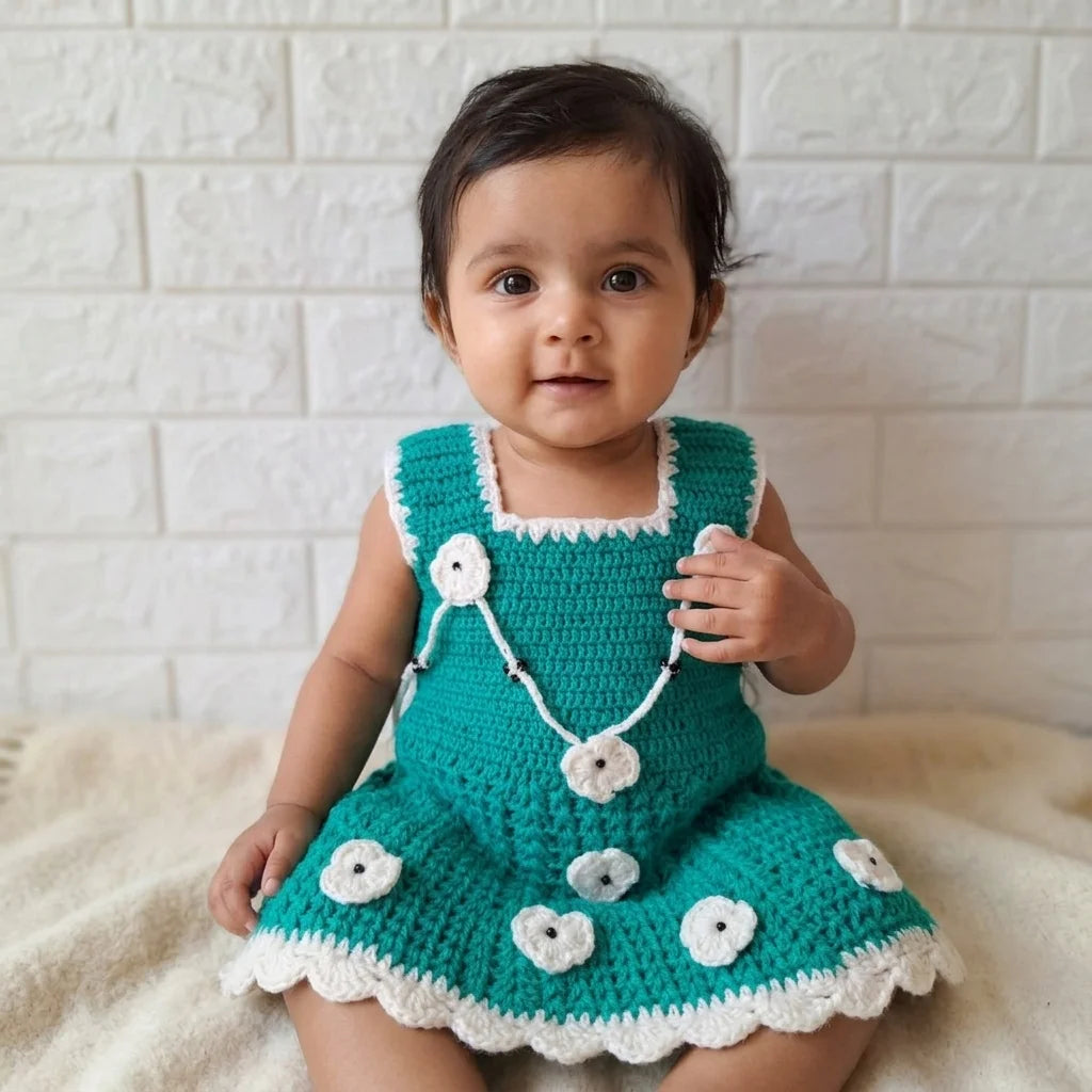Hand Crocheted Baby Girl Frock with Flower Detail | Teal and White | 0 to 6 Months