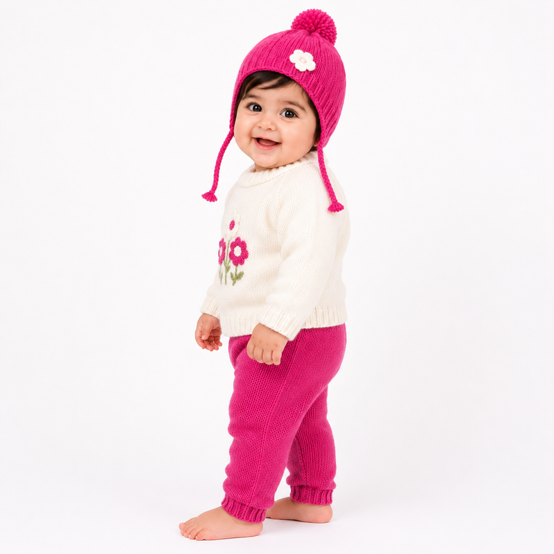 hand-knitted-baby-sweater-set-cap-booties-hotpink