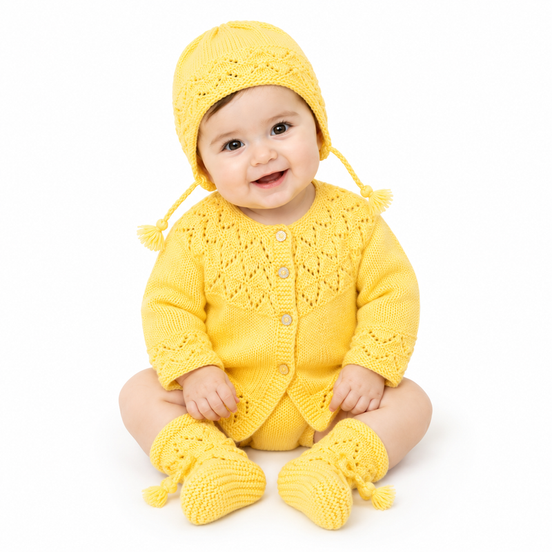 Hand knitted baby sweater set in multicolour wool with matching cap and booties, Little Smile Store