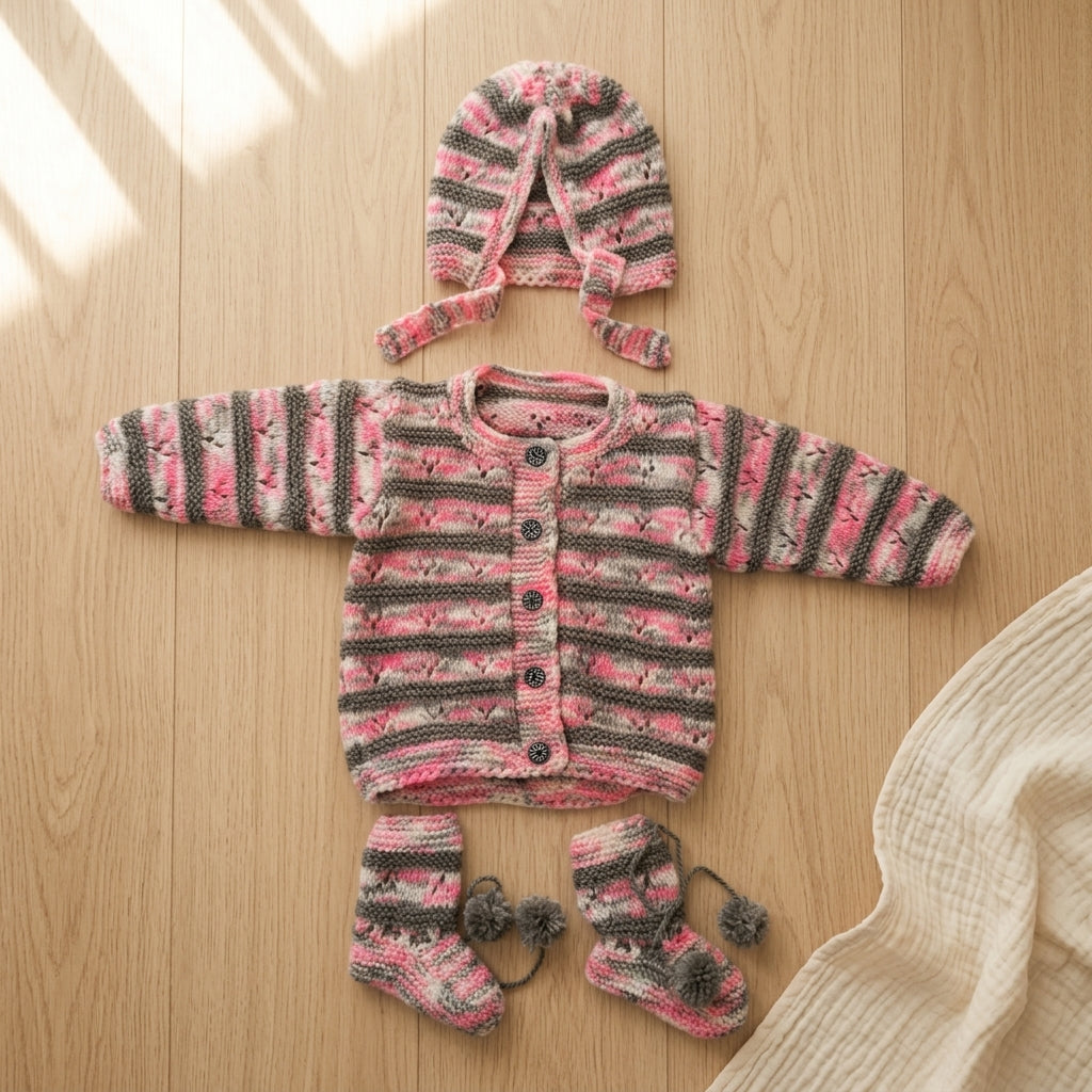 Handknitted Baby Sweater Set with Cap and Booties