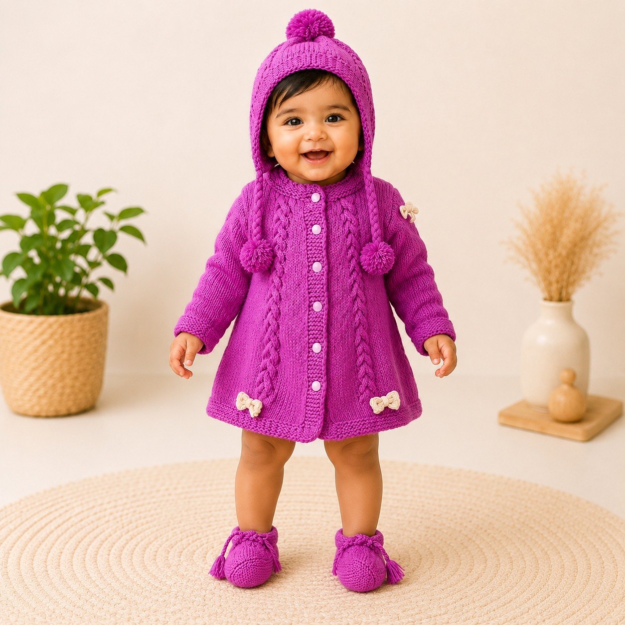 Hand Knitted Baby Girl Frock Set with Cap and Booties | Purple Cable Knit | 0 to 6 Months
