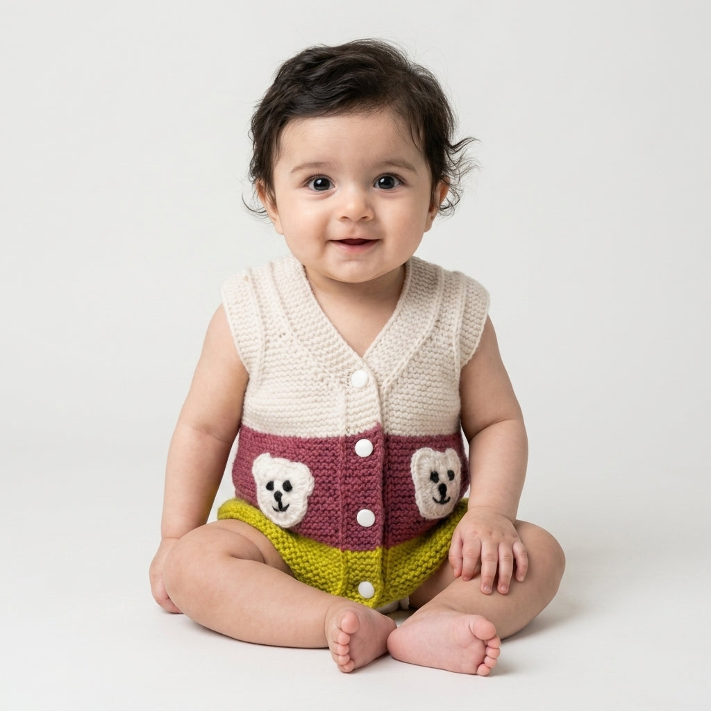 Hand Knitted Baby Sleeveless Sweater Vest with Teddy Bear Detail | 0 to 6 Months