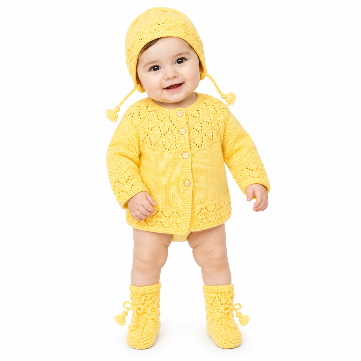 Handknitted Baby Sweater Set | Soft Wool Lace Cardigan with Matching Cap & Booties | Yellow | 0-6 Months