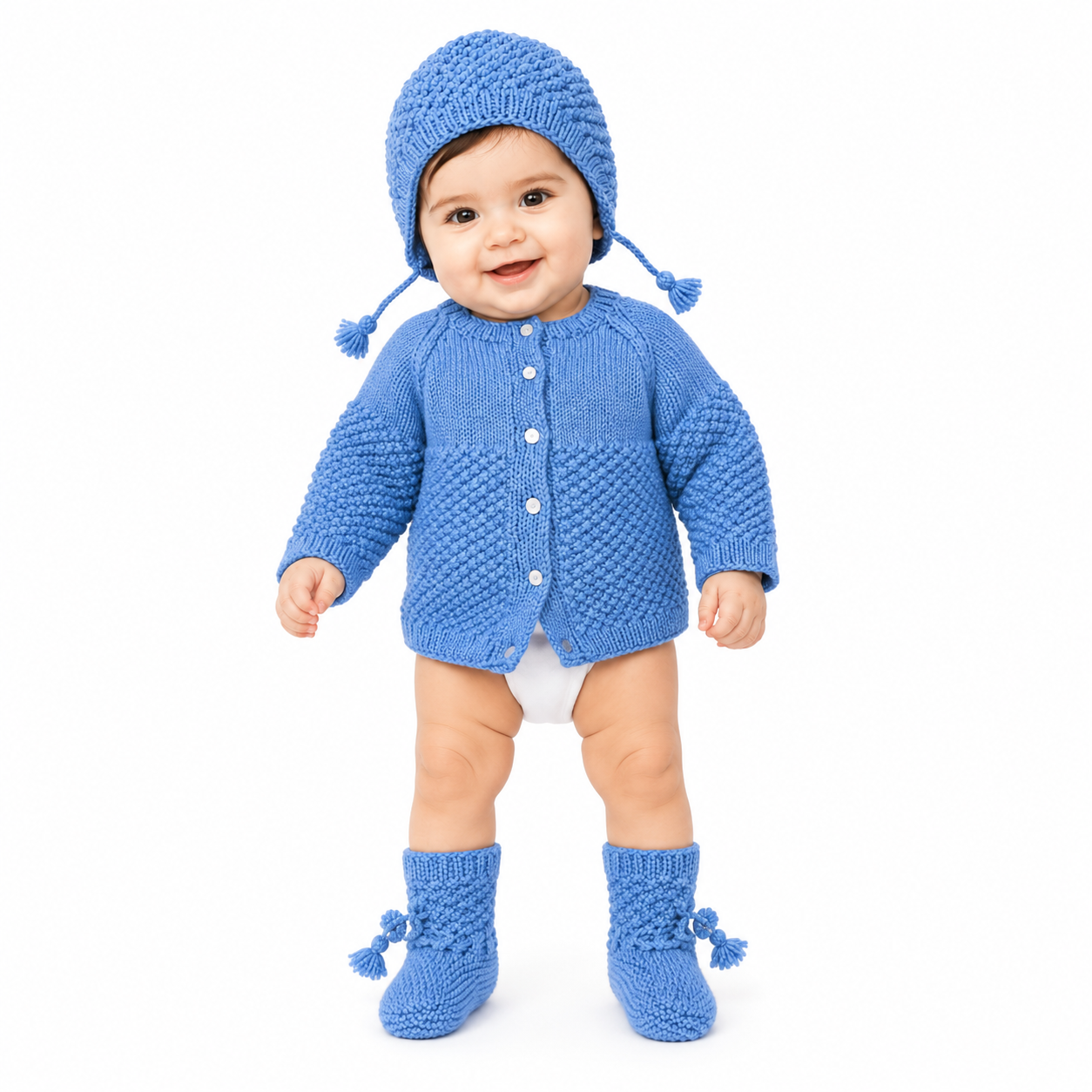 Handknitted Baby Boy Sweater Set | Soft Wool Cardigan with Matching Cap & Booties | Blue | 6-12 Months