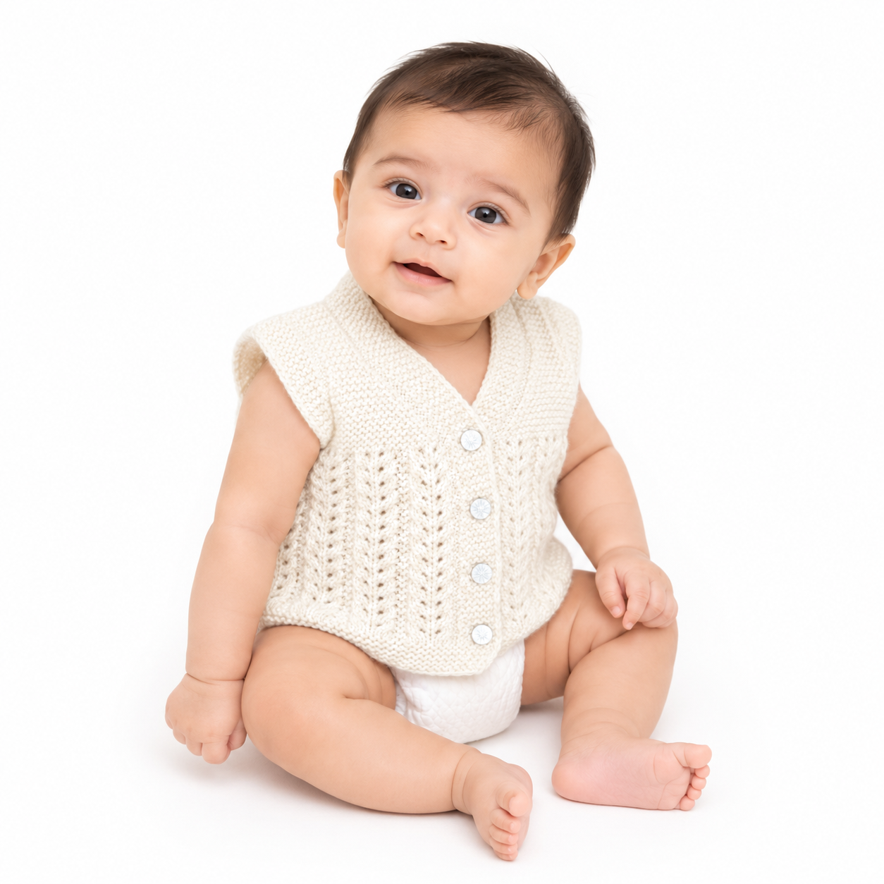 Hand Knitted Baby Wool Vest | Cream V-Neck Lace Knit