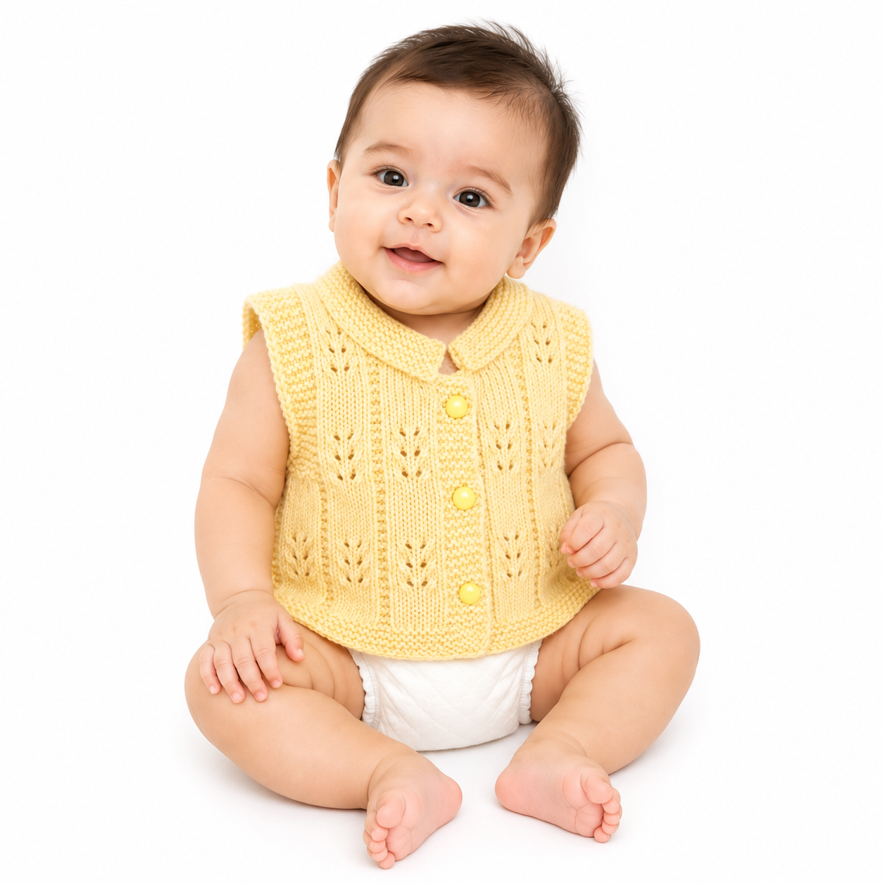 Hand Knitted Baby Wool Vest | Pastel Yellow Collar Waistcoat