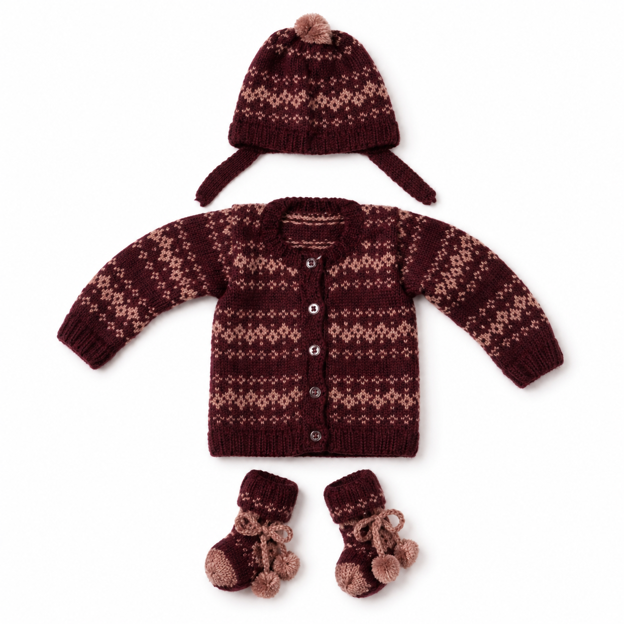 Hand Knitted Baby Wool 3-Piece Set | Maroon Fair Isle Cardigan Set