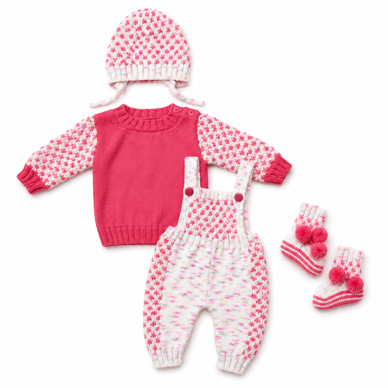 Hand Knitted Baby Wool 4-Piece Set | Sweater, Dungaree, Earflap Beanie and Pom Pom Booties | Handmade Baby Winter Gift Set