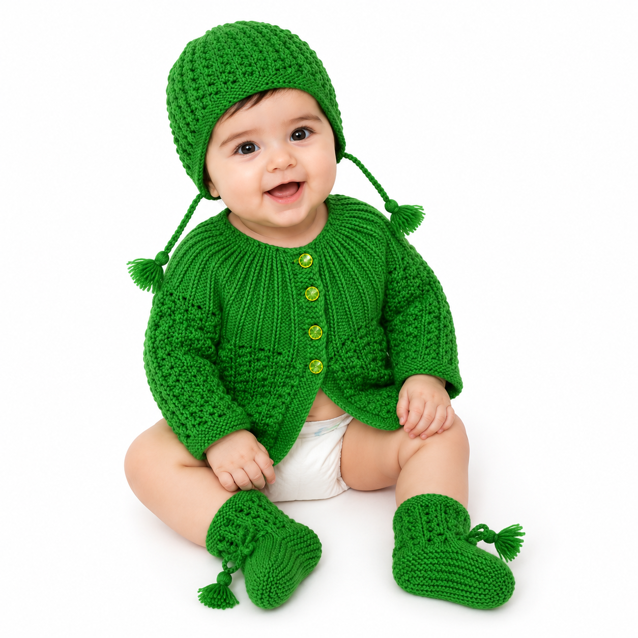 Handknitted Baby Sweater Set | Soft Wool Cardigan with Matching Cap & Booties | Green | 0-6 Months