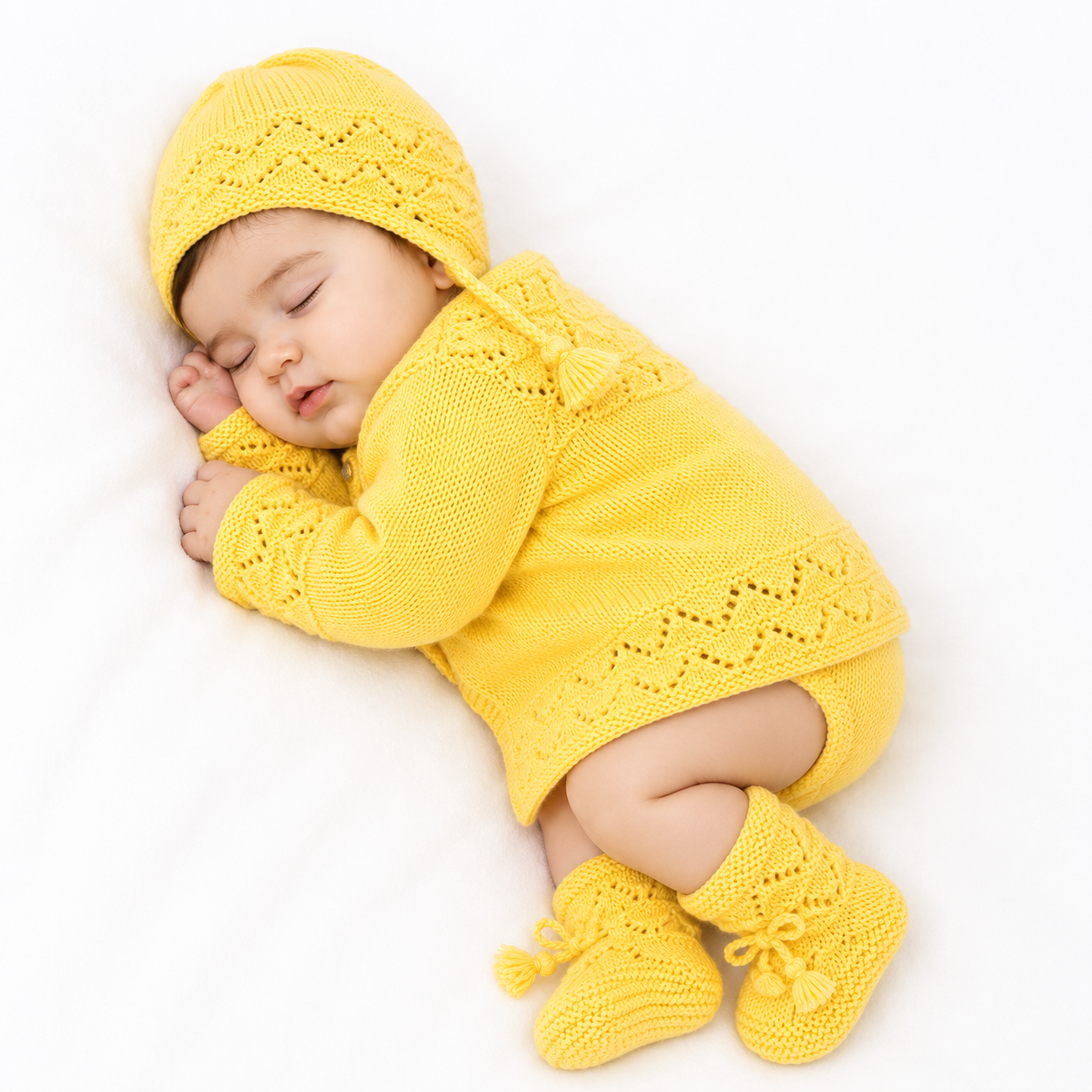Handknitted Baby Sweater Set | Soft Wool Lace Cardigan with Matching Cap & Booties | Yellow | 0-6 Months